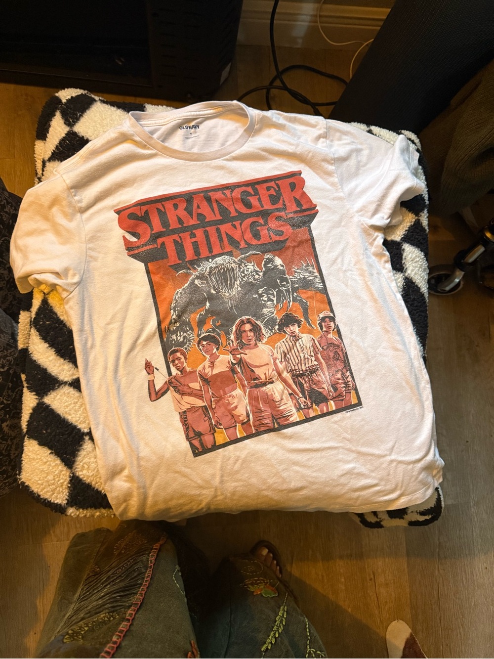 Old Navy White Tee with Orange and Black Graphic
